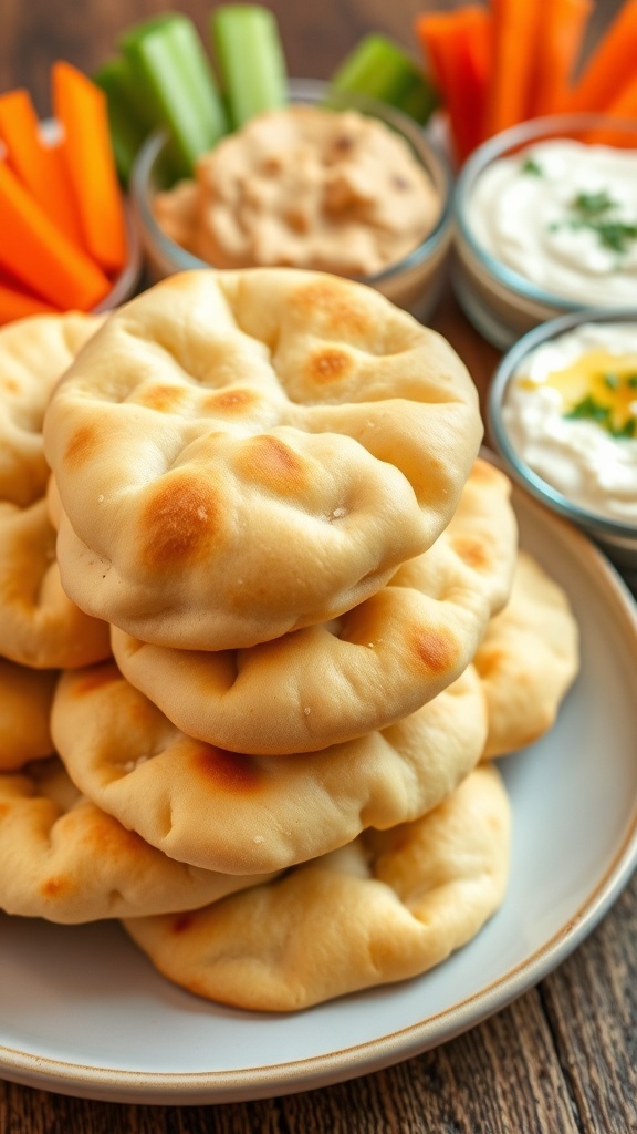 Mini Pita Bread Recipe A plate of mini pita breads with dips and fresh vegetables.